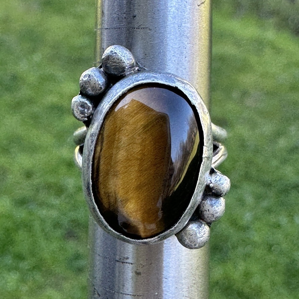 VTG Artisan JM Signed Accent Ring Size 4.5 Brown Tiger Eye Quartz 925 Sterling